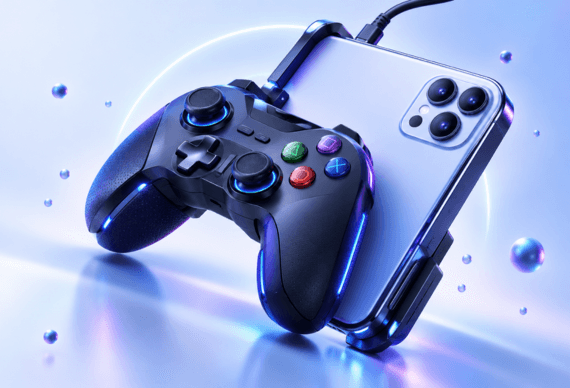 Game development scene with characters and controller